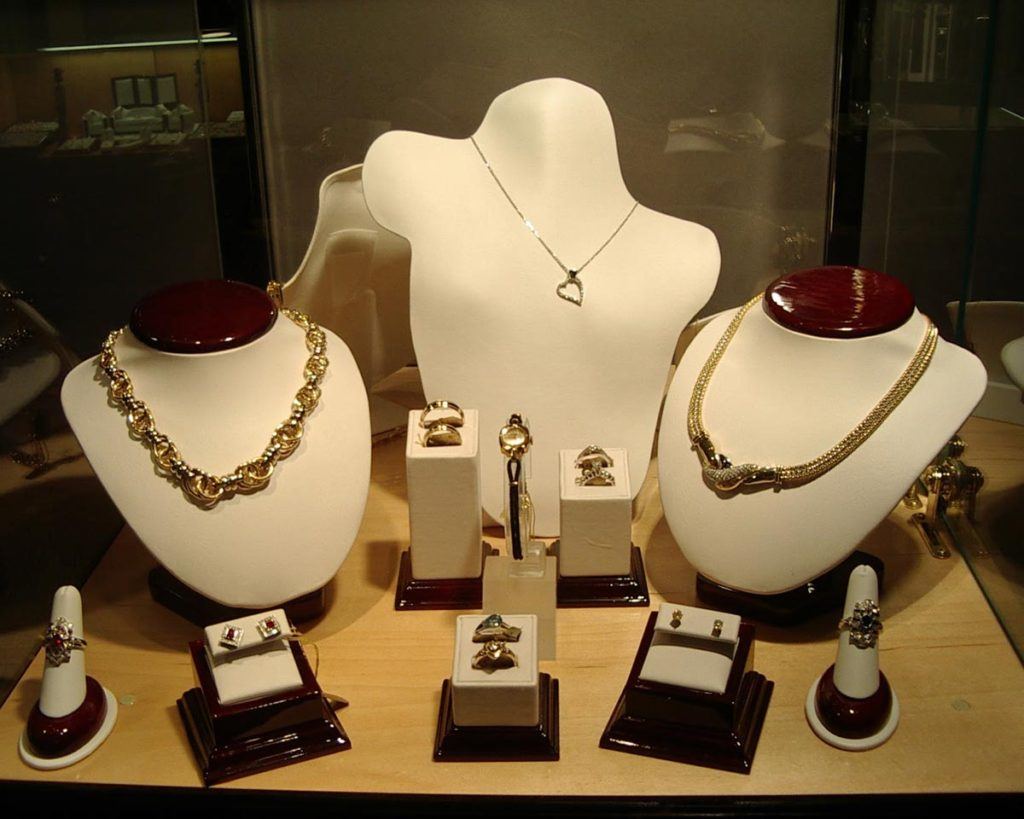 jewellery products on display showcasing necklaces, bracelets and rings