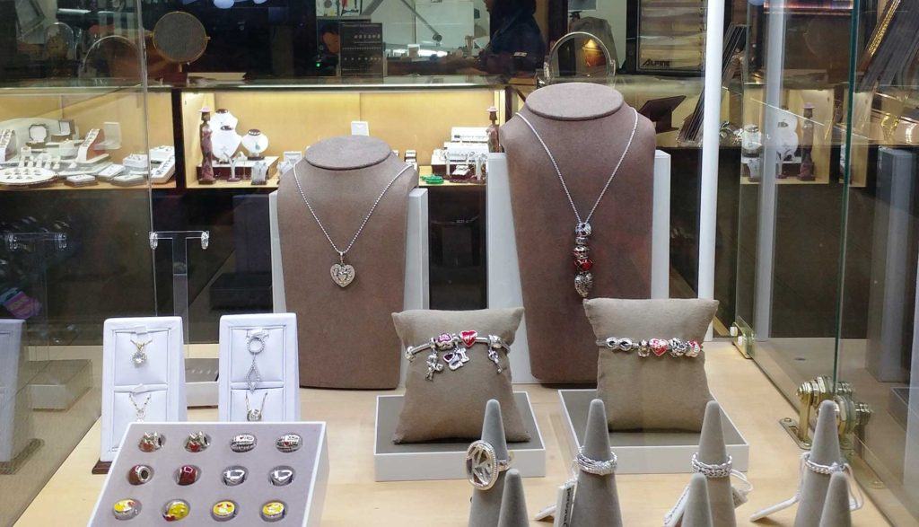 jewellery products on display showcasing necklaces, bracelets and rings